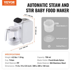 Baby Food Maker, 430W Baby Food Processor with 750 ml Tritan Bowl, SUS304 Stainless Steel, 5 in 1 Baby Food Puree Blender Steamer Grinder for Food, Fruit, Vegetable, Meat