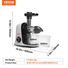 Slow Masticating Juicer, Cold Press Juicer Machine with Reverse Function, Quiet Motor Slow Juicer, Juice Extractor Maker Easy to Clean with Brush, for High Nutrient Fruits Vegetables