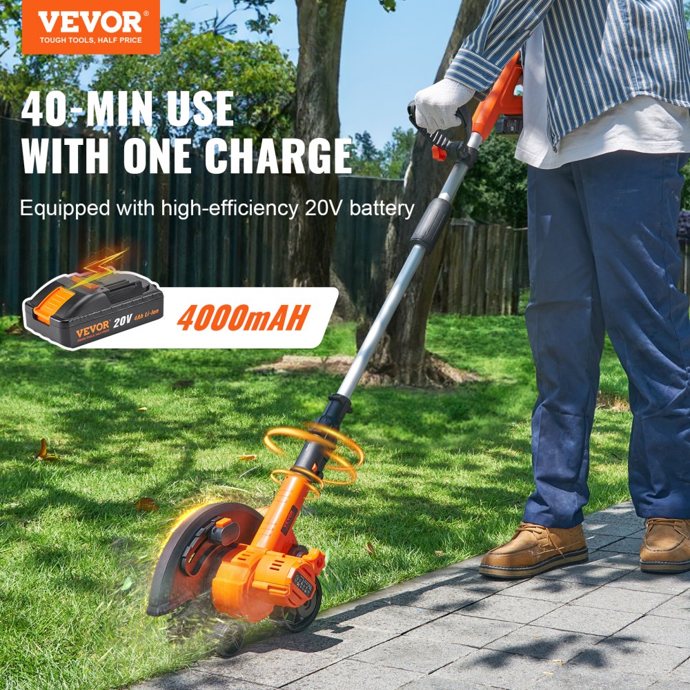 Lawn Edger, 20 V Battery Powered Cordless Edger, 9-inch Blade Edger Lawn Tool with 3-Position Blade Depth, Battery and Charger Included, for Lawns, Driveways, Borders, and Sidewalk Edges