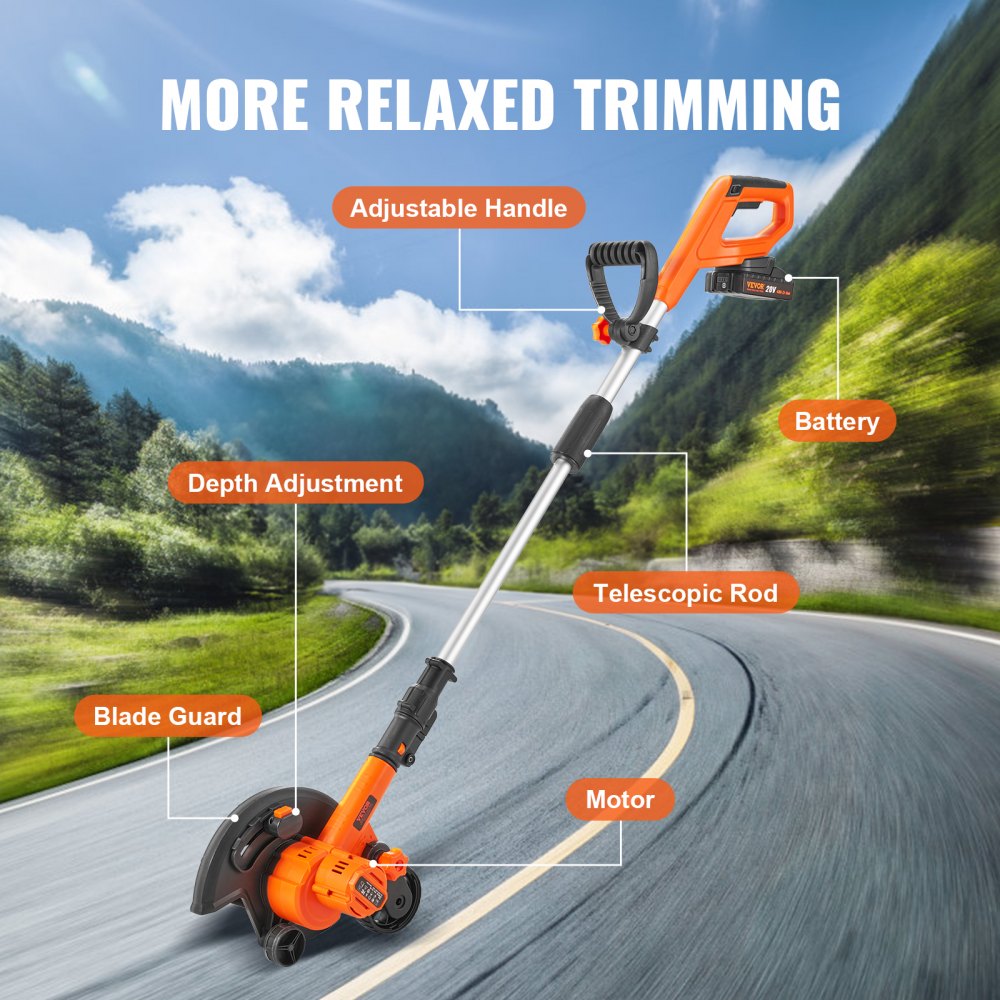 Lawn Edger, 20 V Battery Powered Cordless Edger, 9-inch Blade Edger Lawn Tool with 3-Position Blade Depth, Battery and Charger Included, for Lawns, Driveways, Borders, and Sidewalk Edges