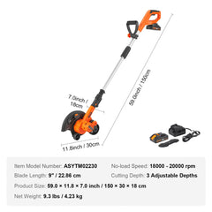 Lawn Edger, 20 V Battery Powered Cordless Edger, 9-inch Blade Edger Lawn Tool with 3-Position Blade Depth, Battery and Charger Included, for Lawns, Driveways, Borders, and Sidewalk Edges