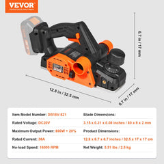 Cordless electric hand planer with 3-1/4" width and 16500 RPM for smooth woodworking.