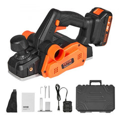 Cordless electric hand planer with 3-1/4" width, high-speed motor, and dust bag.