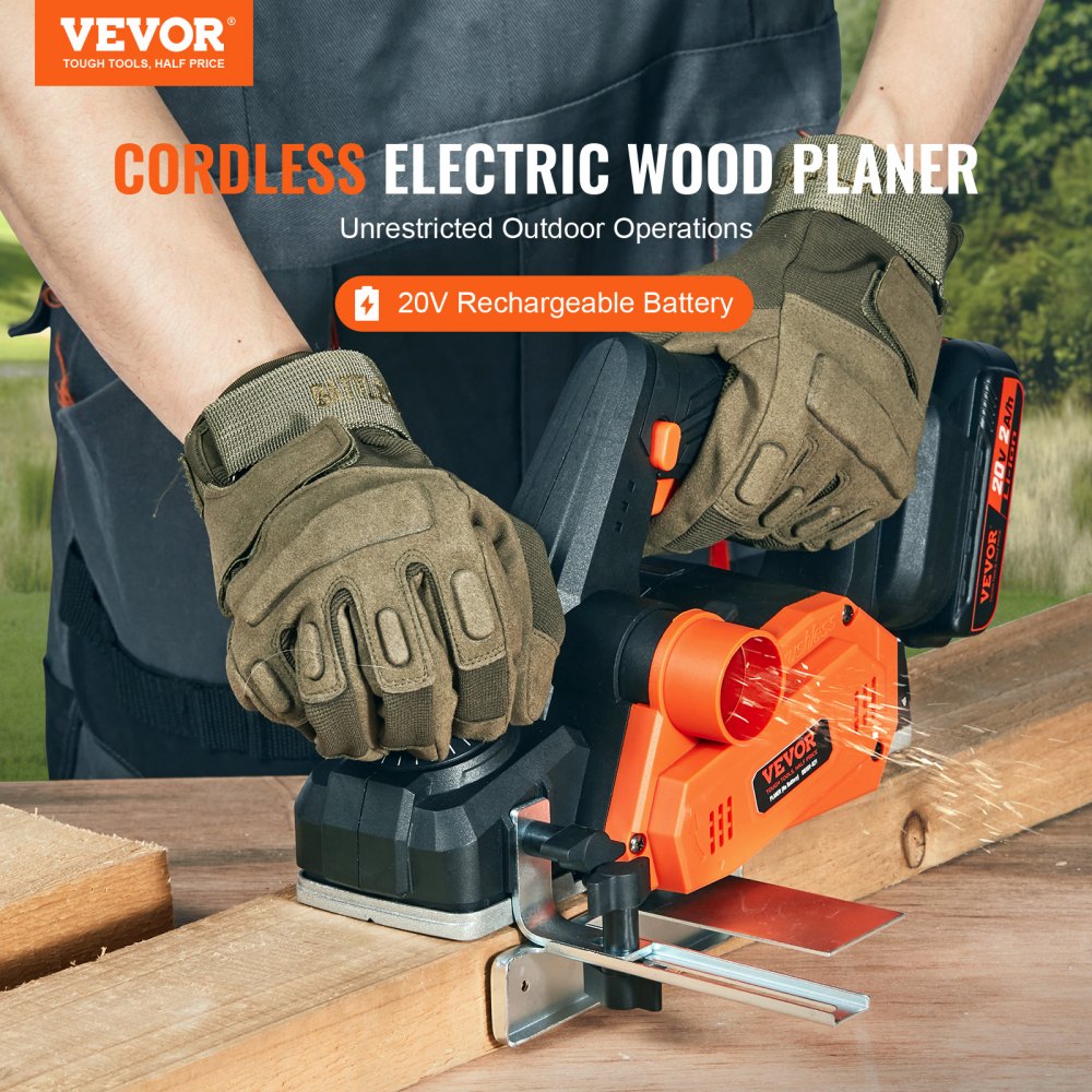 Cordless electric hand planer with 3-1/4" width and high-speed motor for woodworking projects.