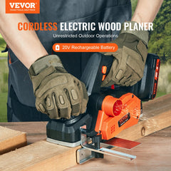 Cordless electric hand planer with 3-1/4" width and high-speed motor for woodworking projects.