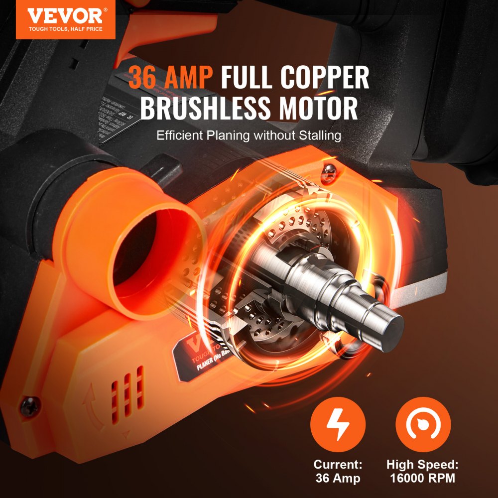 Cordless electric hand planer with 3-1/4" width and 16000 RPM motor for woodworking projects.