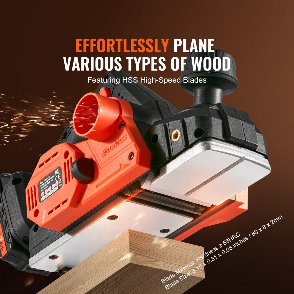 Cordless electric hand planer with 3-1/4" width and 16000 RPM for smooth woodworking.