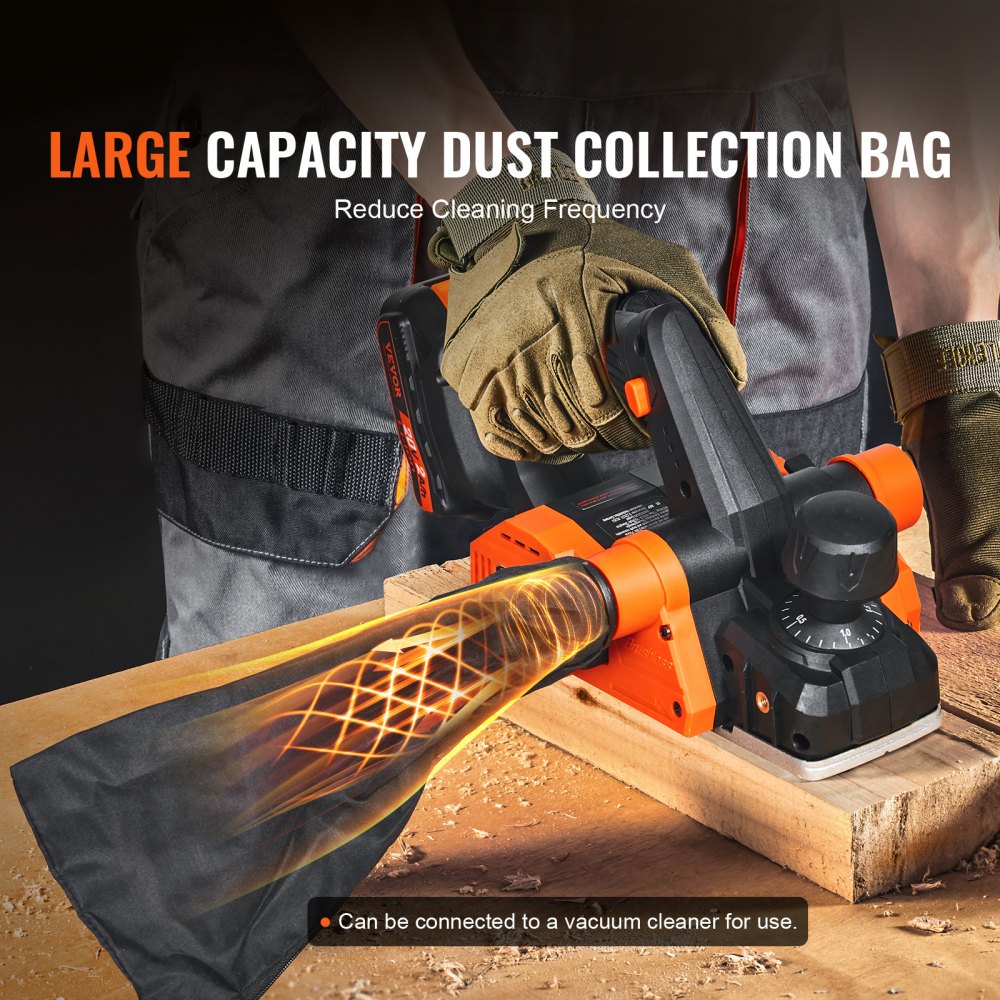 Cordless electric hand planer with a 3-1/4" width and 16000 RPM motor for woodworking tasks.