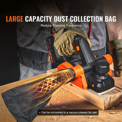 Cordless electric hand planer with a 3-1/4" width and 16000 RPM motor for woodworking tasks.