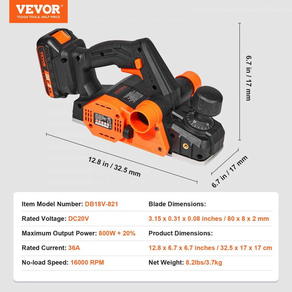 Cordless electric hand planer with 3-1/4" width and 16000 RPM for smooth woodworking.