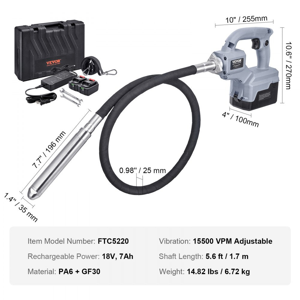 Cordless Concrete Vibrator, 5.6 ft, Electric Vibrator 15500 VPM, Electric Concrete Vibrating Tool With 1.4`` Diameter Shaft Rod, Portable Pencil Cement Vibrator Remove Air Bubble & Concrete