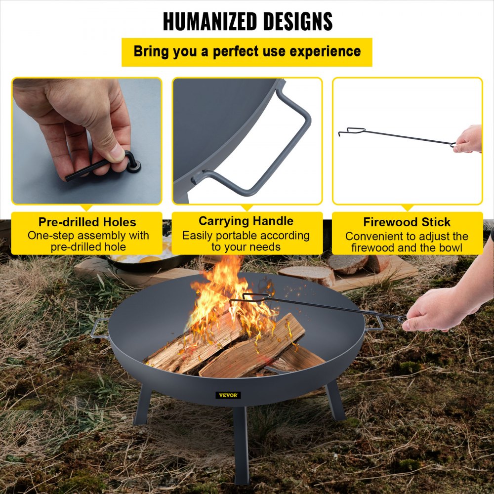 Fire Pit Bowl, 34-Inch Diameter Round Carbon Steel Fire Bowl, Wood Burning for Outdoor Patios, Backyards & Camping Uses, with A Drain Hole, Portable Handles and A Firewood Stick, Black