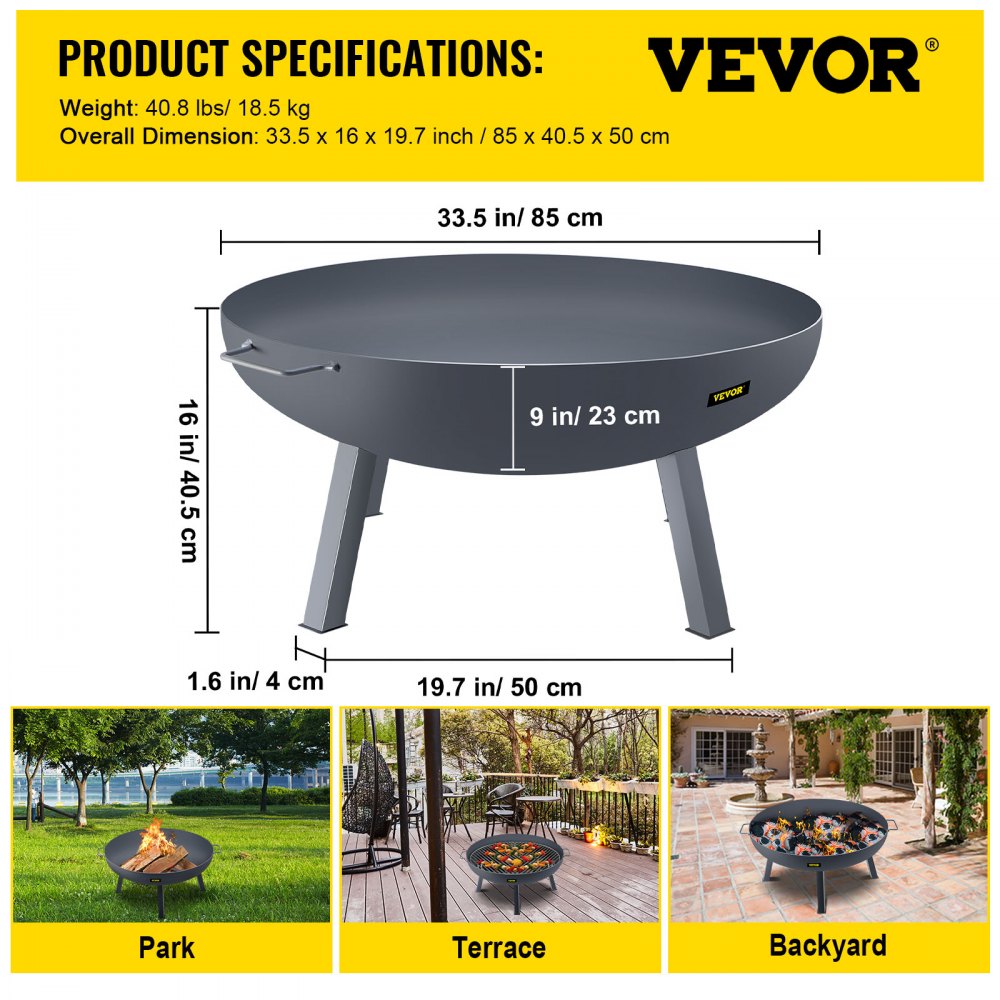 Fire Pit Bowl, 34-Inch Diameter Round Carbon Steel Fire Bowl, Wood Burning for Outdoor Patios, Backyards & Camping Uses, with A Drain Hole, Portable Handles and A Firewood Stick, Black