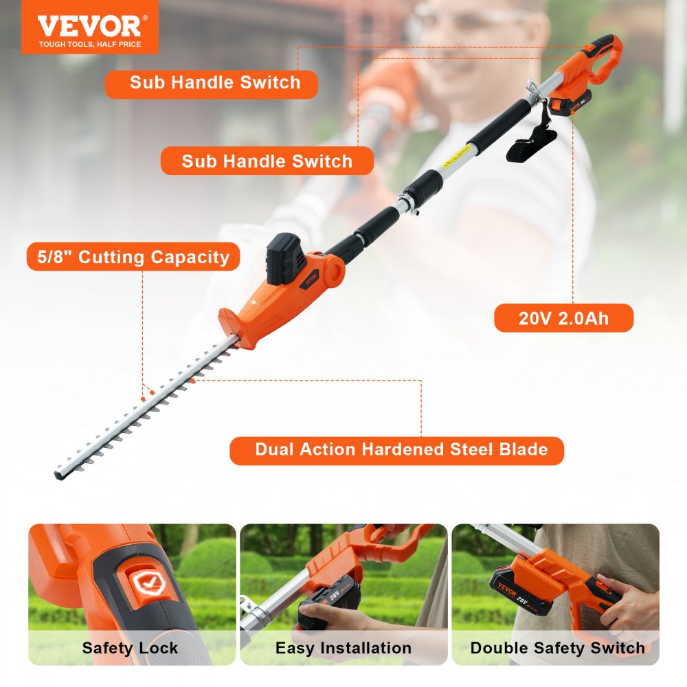20V Cordless Hedge Trimmer, 18 inch Double-edged Steel Blade, Pole Hedge Trimmer Kit 20V Battery, Fast Charger Included, 74"-94" Telescoping Design for High Branches