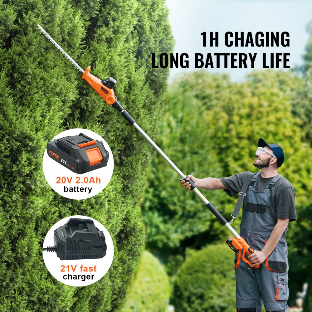 20V Cordless Hedge Trimmer, 18 inch Double-edged Steel Blade, Pole Hedge Trimmer Kit 20V Battery, Fast Charger Included, 74"-94" Telescoping Design for High Branches