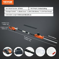 20V Cordless Hedge Trimmer, 18 inch Double-edged Steel Blade, Pole Hedge Trimmer Kit 20V Battery, Fast Charger Included, 74"-94" Telescoping Design for High Branches