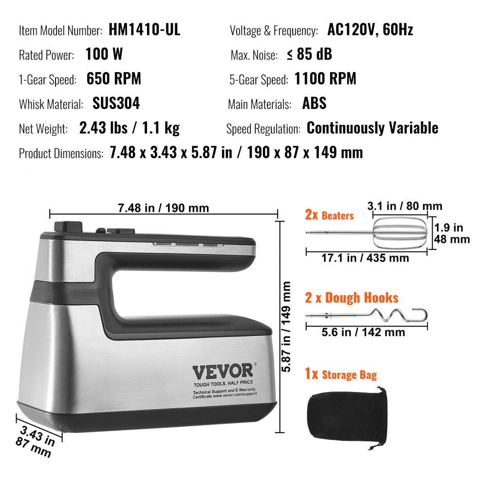 Cordless Electric Hand Mixer, 250W, Continuously Variable Electric Handheld Mixer, with Turbo Boost Beaters Dough Hooks Storage Bag, Baking Supplies for Whipping Mixing Egg Cookie Cake Cream