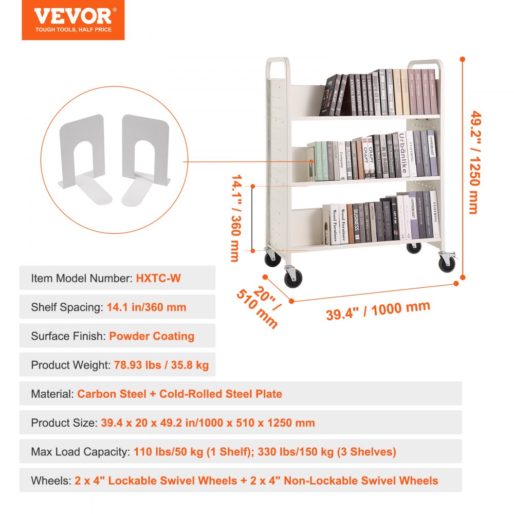 Book Cart, 330 lbs Library Cart, 39.4" x 20.1" x 49.2" Rolling Book Cart, Double Sided W-Shaped Sloped Shelves with 4-Inch Lockable Wheels for Home Shelves Office School, Book Truck in White