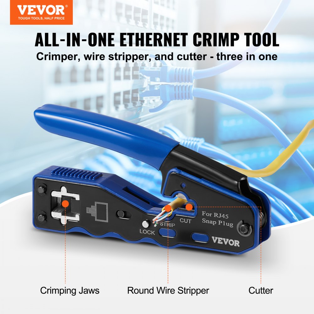 RJ45 Crimp Tool Kit, Cat5e/Cat6/Cat6a Pass Through Ethernet Crimper for 8P8C Modular Plugs with 20pcs Connectors and 20pcs Covers, Wire Stripper and Network Tester