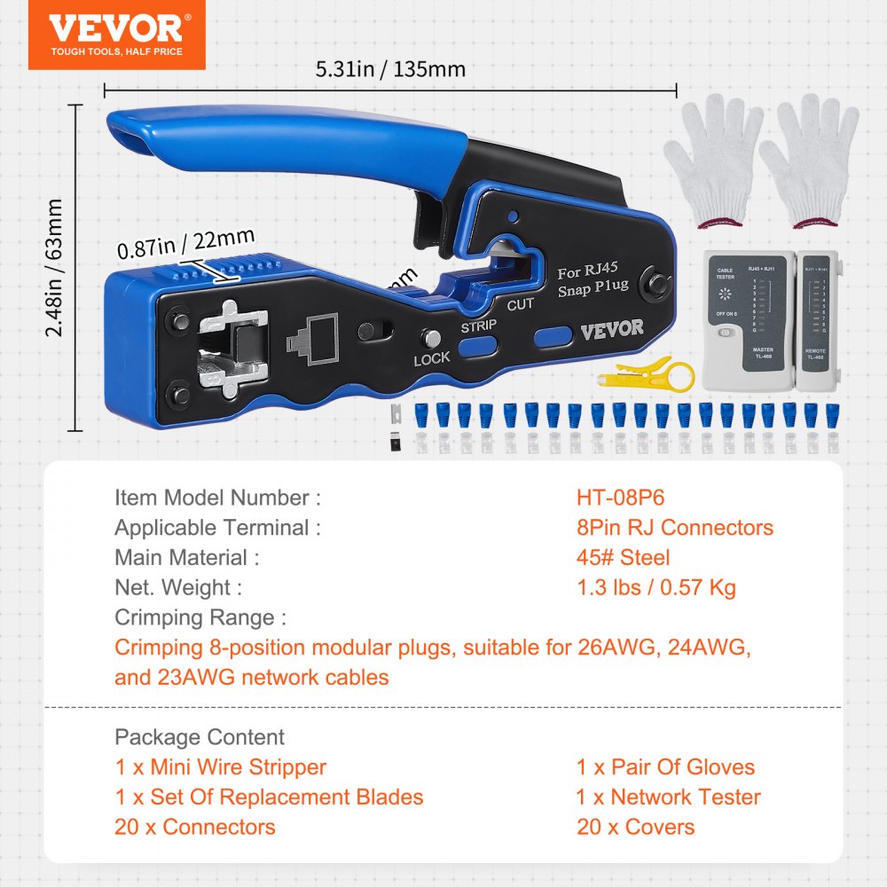 RJ45 Crimp Tool Kit, Cat5e/Cat6/Cat6a Pass Through Ethernet Crimper for 8P8C Modular Plugs with 20pcs Connectors and 20pcs Covers, Wire Stripper and Network Tester