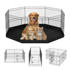 Foldable metal dog playpen with 8 adjustable panels for indoor or outdoor use.