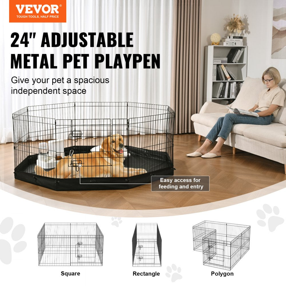 24-inch high foldable metal dog playpen with 8 adjustable panels for indoor or outdoor use.