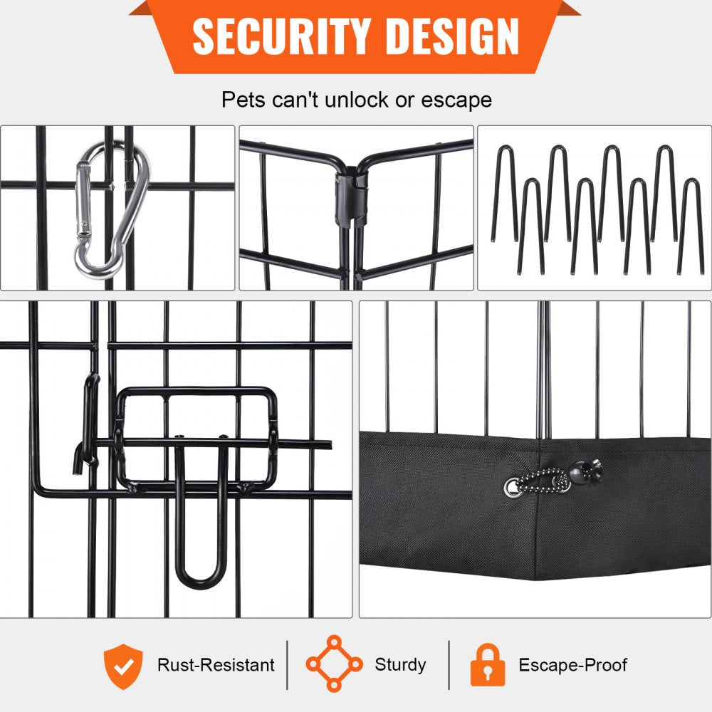 Foldable metal dog playpen with 8 adjustable panels for indoor or outdoor use.