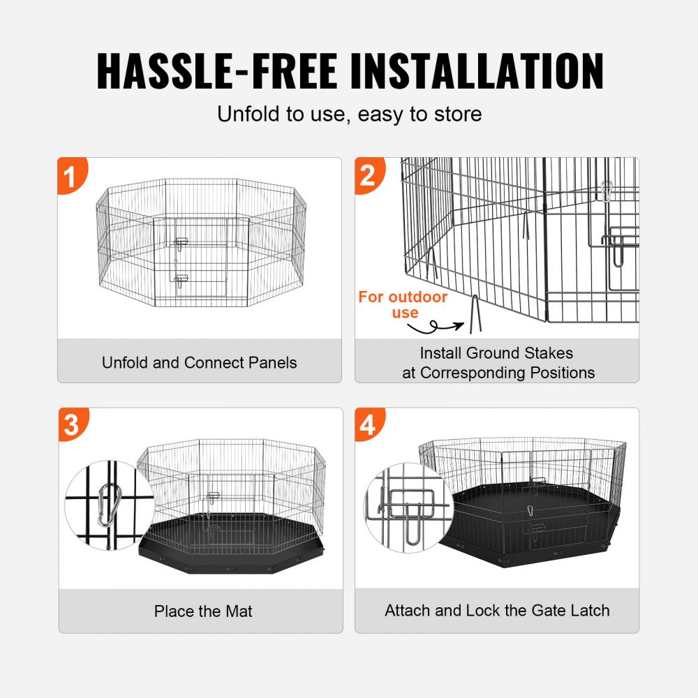 Foldable metal dog playpen with 8 adjustable panels for indoor or outdoor use.
