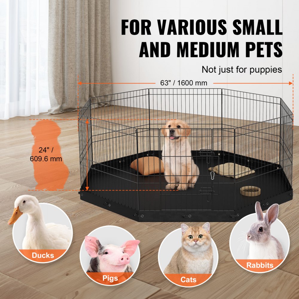 24-inch high foldable metal dog playpen with 8 adjustable panels for indoor and outdoor use.