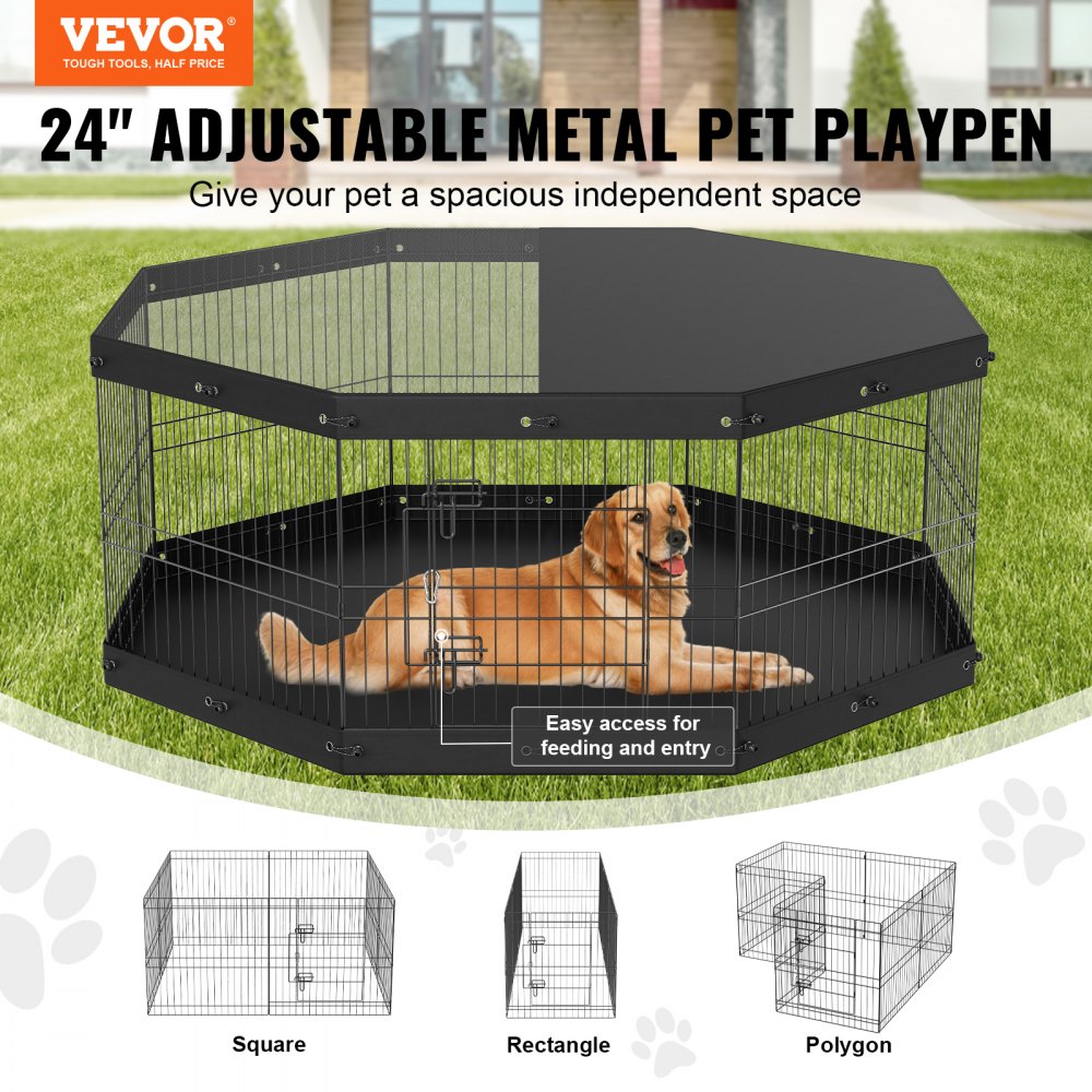 24-inch foldable metal dog playpen with 8 adjustable panels and a durable bottom mat.
