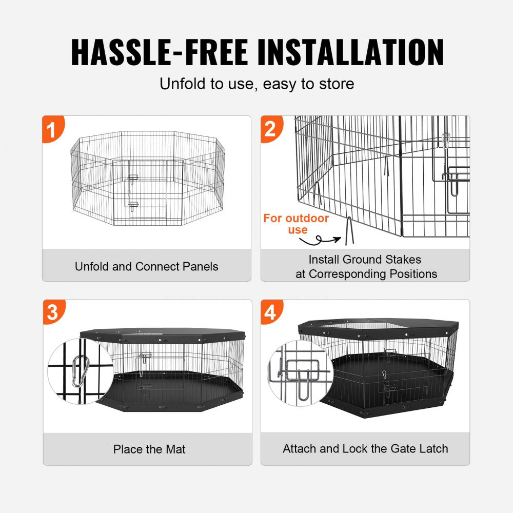 24-inch foldable metal dog playpen with 8 adjustable panels and a durable bottom mat.