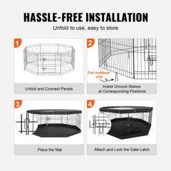 24-inch foldable metal dog playpen with 8 adjustable panels and a durable bottom mat.