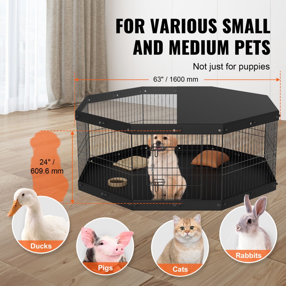 24-inch foldable metal dog playpen with 8 adjustable panels and durable fabric bottom mat.