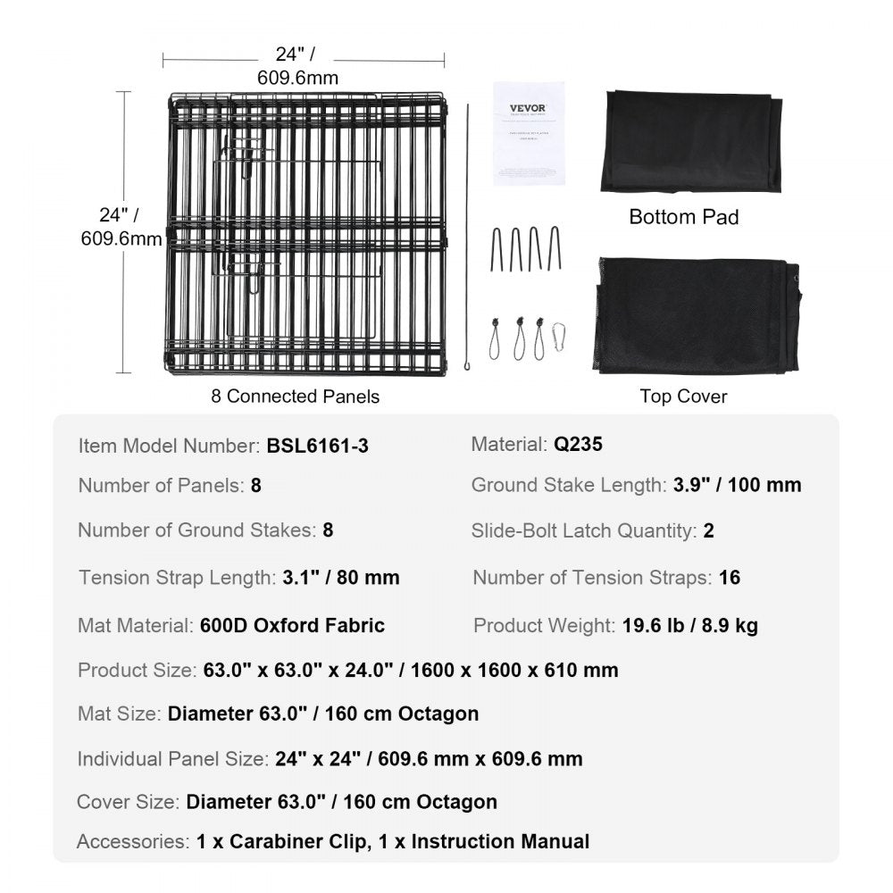 24-inch foldable metal dog playpen with 8 adjustable panels and durable fabric bottom mat.