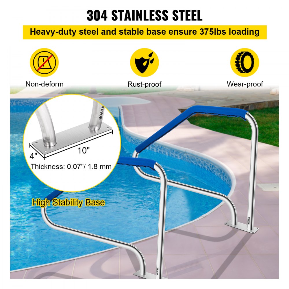 Pool Handrail, 49.4" x 34" Swimming Pool Stair Rail, 304 Stainless Steel Stair Pool Hand Rail Rated 375lbs Load Capacity, Pool Rail with Quick Mount Base Plate, and Complete Mounting Accessories