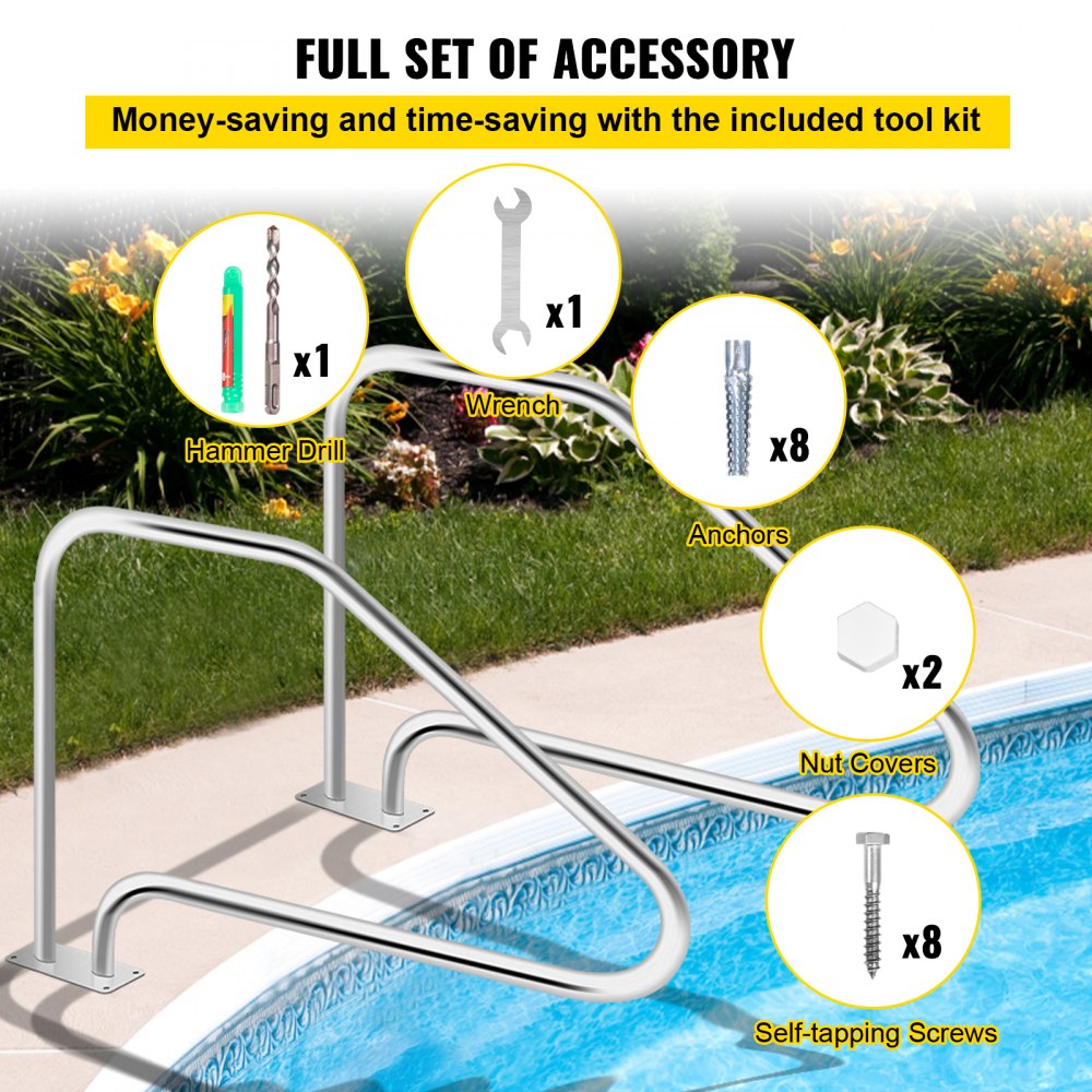 Pool Handrail, 49.4" x 34" Swimming Pool Stair Rail, 304 Stainless Steel Stair Pool Hand Rail Rated 375lbs Load Capacity, Pool Rail with Quick Mount Base Plate, and Complete Mounting Accessories
