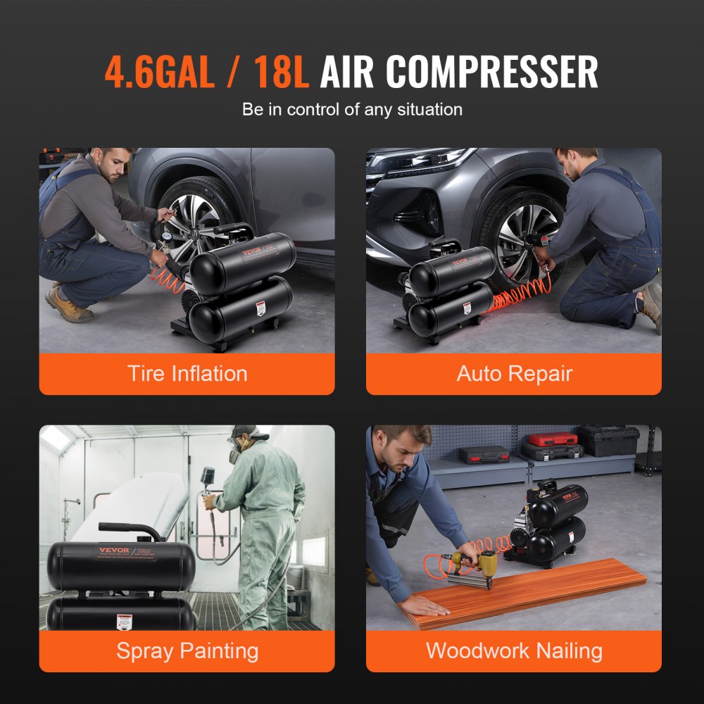 Bostome 4.6-gallon oil-free portable air compressor with 90 PSI, shown in use for tire inflation, auto repair, spray painting, and woodworking nailing.