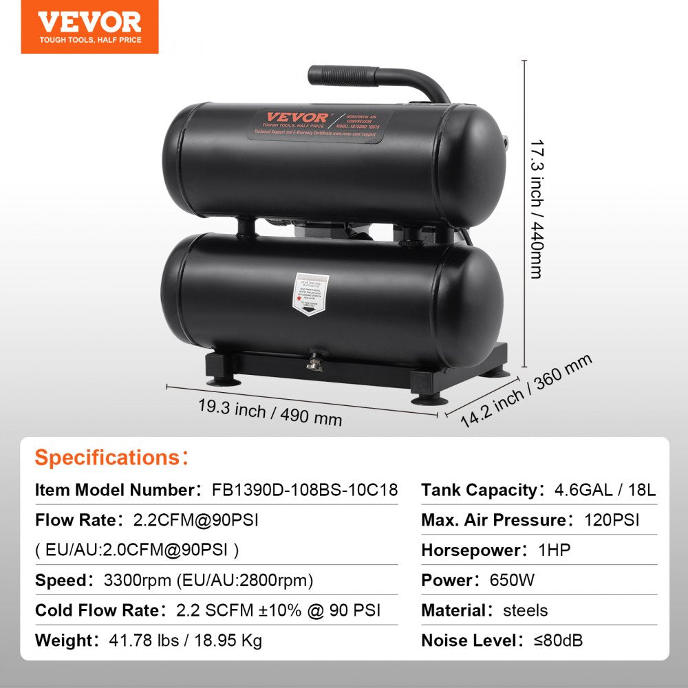 Black 4.6 gallon oil-free air compressor with pressure and size dimensions shown.