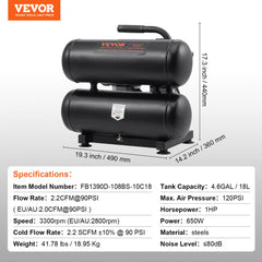 Black 4.6 gallon oil-free air compressor with pressure and size dimensions shown.