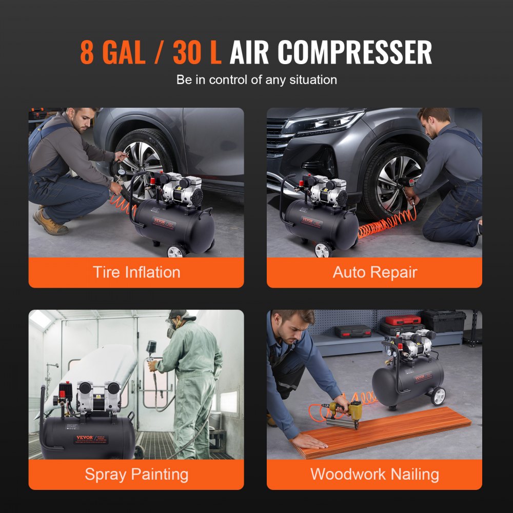 An 8-gallon air compressor is shown in four use cases: tire inflation, auto repair, spray painting, and woodwork nailing.