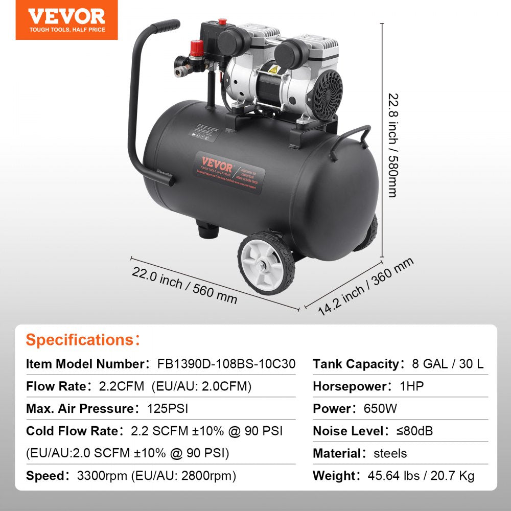 Black Bostome 8-gallon oil-free portable air compressor with handle, wheels, and specs labels.