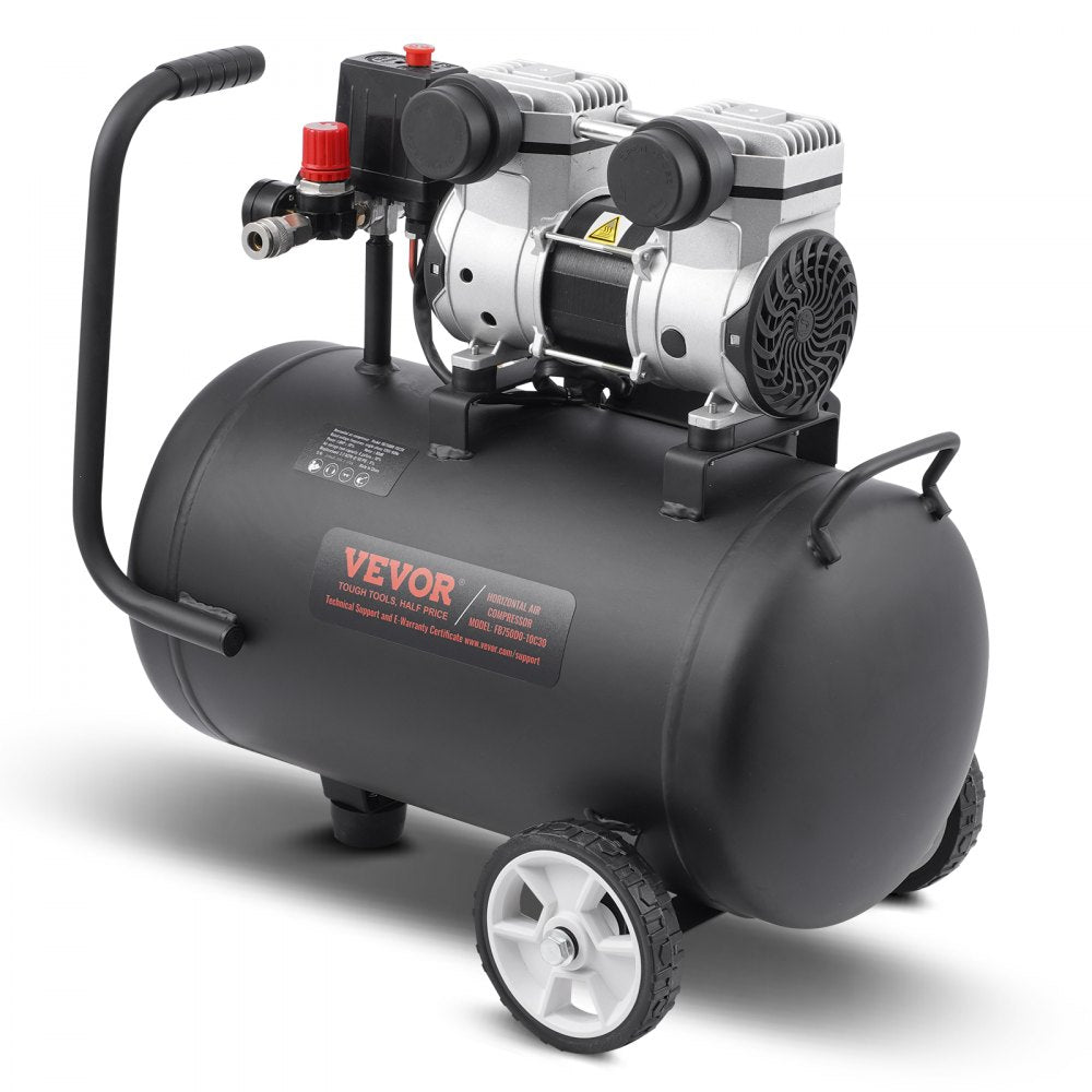Black 8-gallon oil-free portable air compressor with wheels and handle.