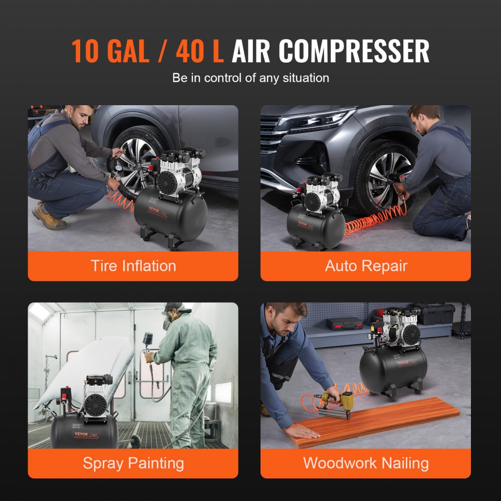 Bostome 10 gallon oil-free air compressor with a portable design and 90 PSI capacity.