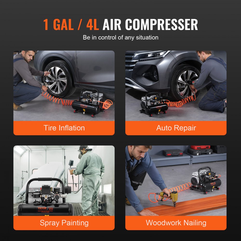Portable oil-free air compressor with 1-gallon tank and 90 PSI, shown in use for tire inflation, auto repair, spray painting, and woodworking.