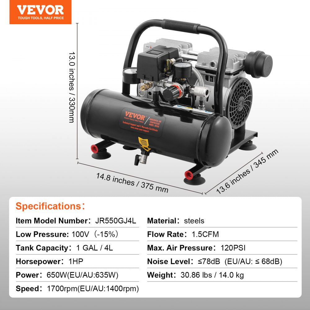 Bostome 1-gallon oil-free portable air compressor with 90 PSI max pressure, black steel tank, and handle.