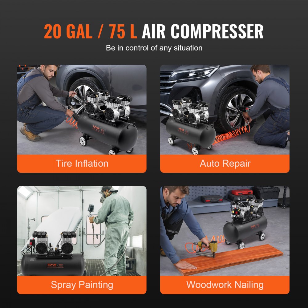20-gallon oil-free air compressor with 90 PSI, 4HP motor, and quiet operation shown in tire inflation, auto repair, spray painting, and woodworking uses.