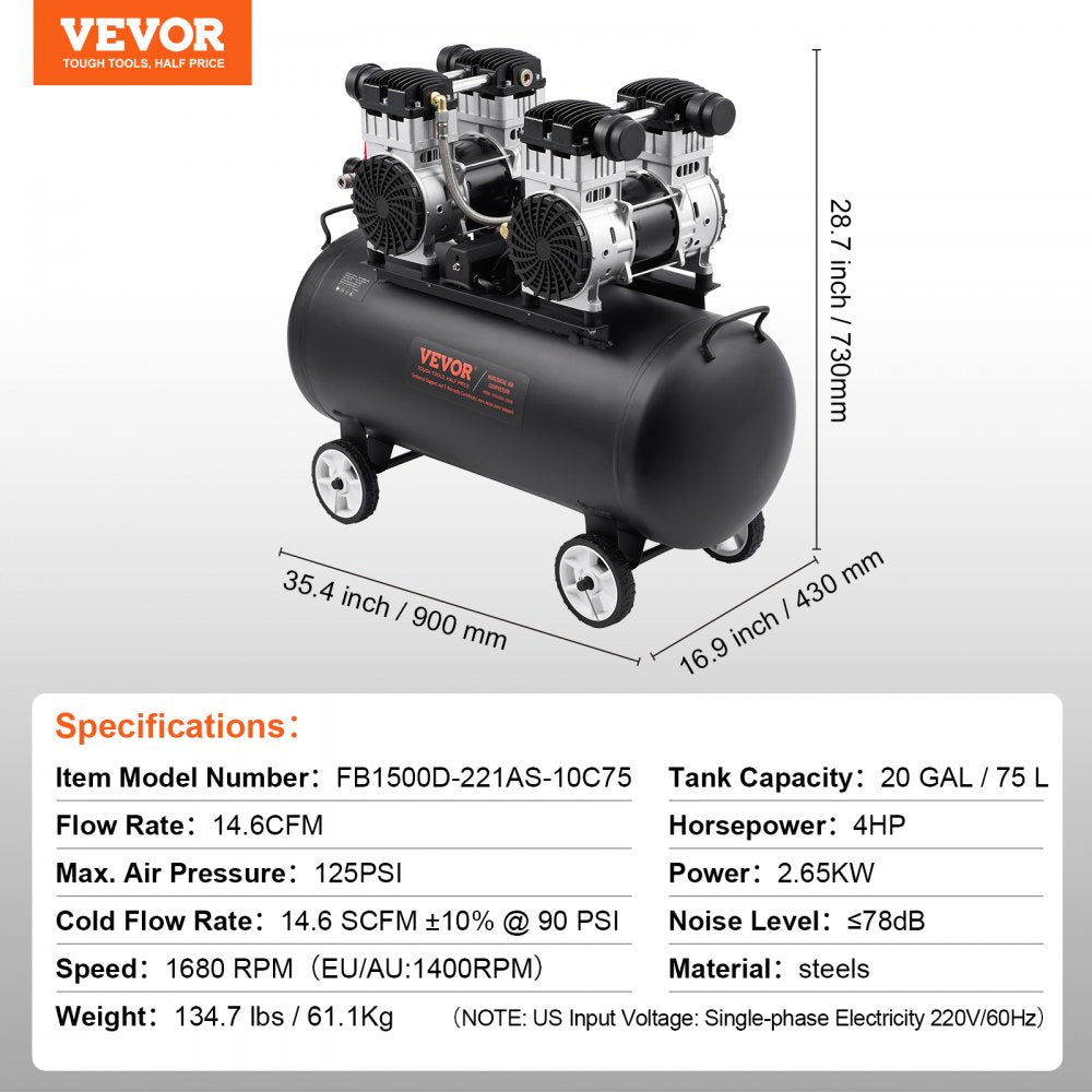 Black 20 gallon oil-free air compressor with wheels and detailed specifications chart.