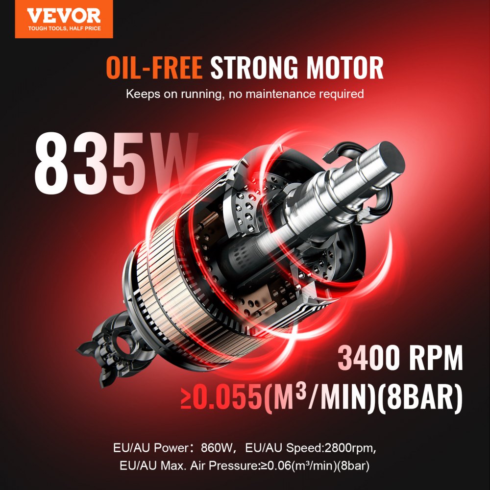Image of Bostome 2-gallon oil-free portable air compressor with 835W motor, 3400 RPM, and 0.055 m³/min at 8 bar.