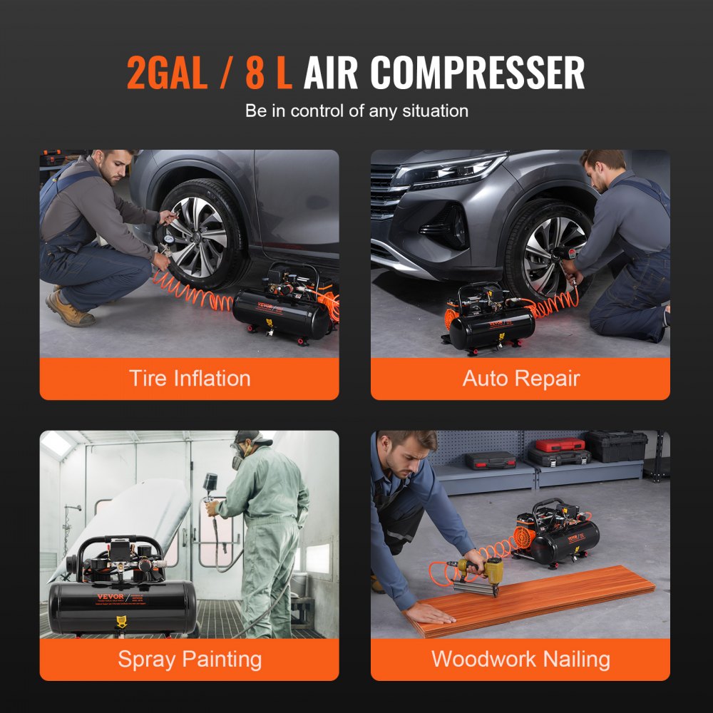 Bostome 2-gallon oil-free portable air compressor with 120 PSI and 8 bar pressure, shown in use for tire inflation, auto repair, spray painting, and woodworking nailing.