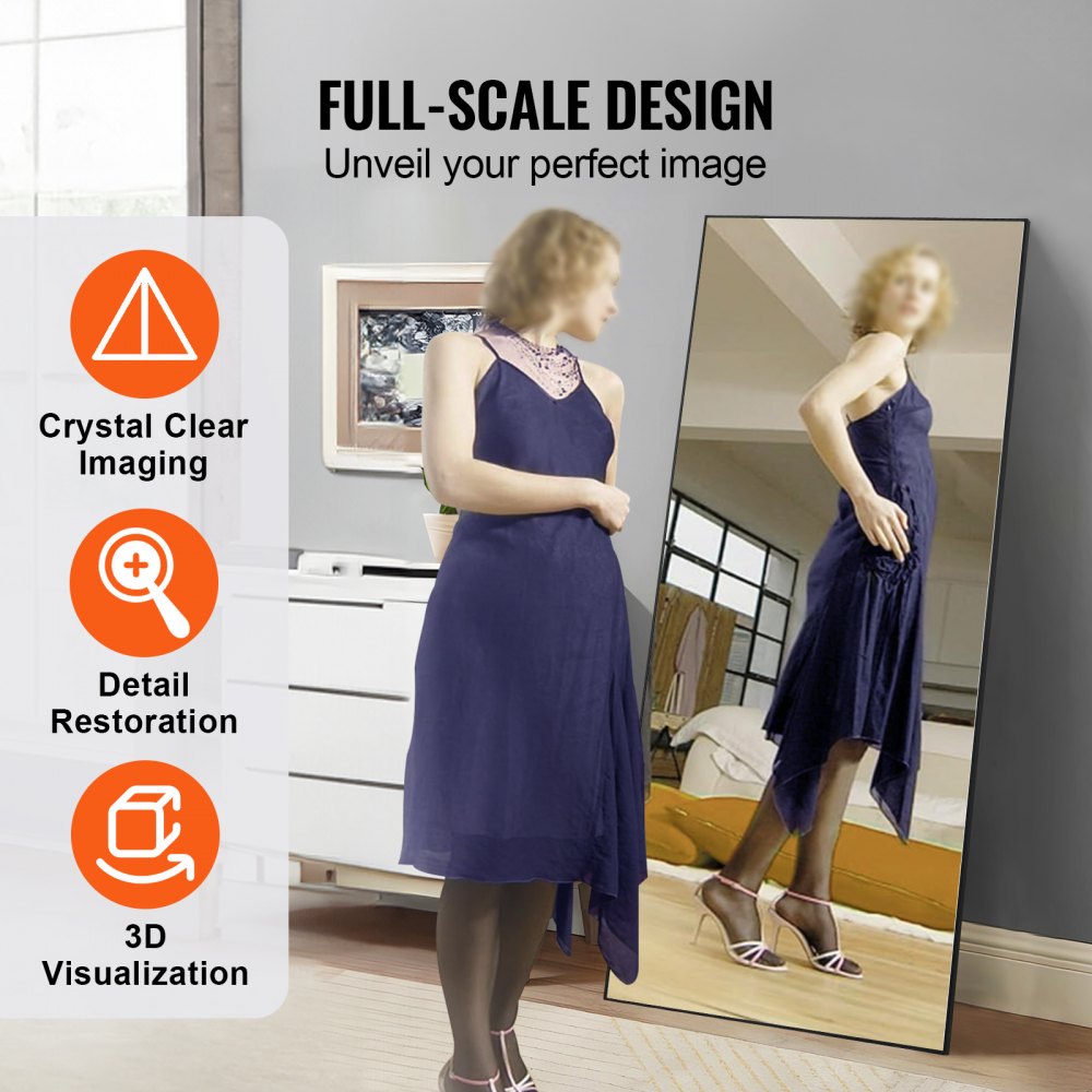 71x31 inch full-length black tempered glass mirror with a woman viewing her reflection.
